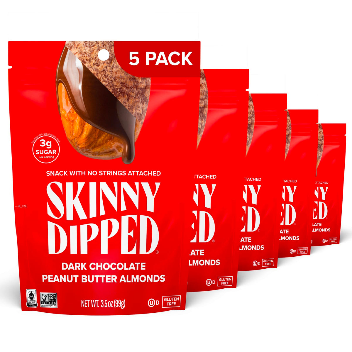 SkinnyDipped dark chocolate peanut butter almonds in a resealable bag for convenient snacking.