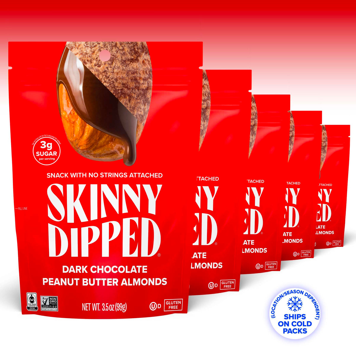SkinnyDipped almonds with glossy chocolate coating visible in a second bag.