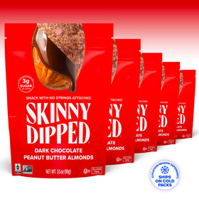 SkinnyDipped almonds with glossy chocolate coating visible in a second bag.