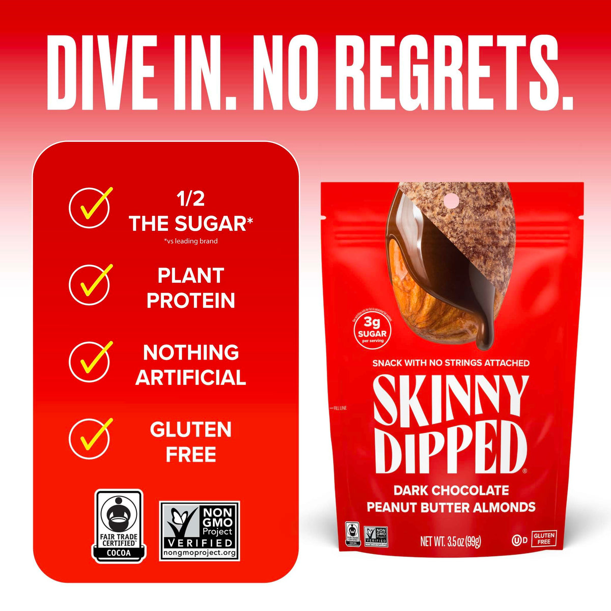SkinnyDipped almonds shown in a close-up highlighting the coating.