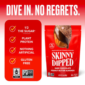 SkinnyDipped almonds shown in a close-up highlighting the coating.