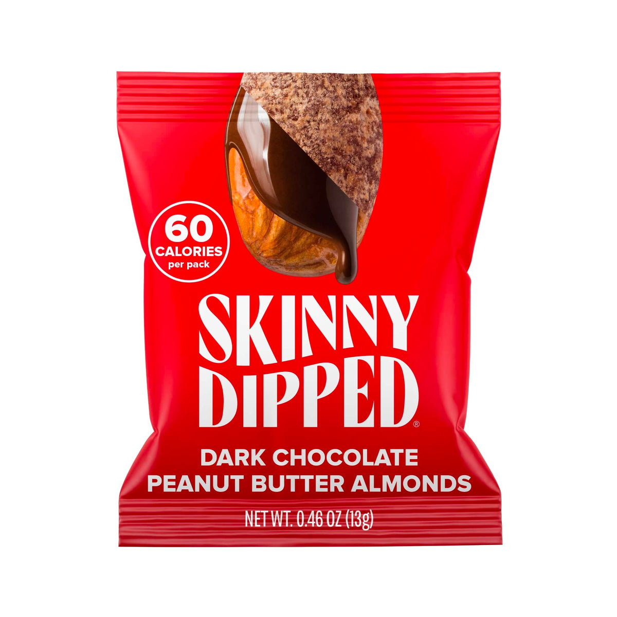 SKINNYDIPPED packaging for on-the-go dark chocolate peanut butter almond snack.