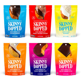 SkinnyDipped dark chocolate peanut butter cup, smooth filling and rich chocolate shell for a quick indulgent treat.