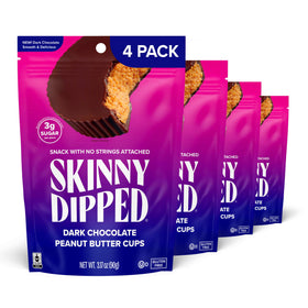 SkinnyDipped dark chocolate peanut butter cups in a 4-pack, convenient Keto-friendly snack.