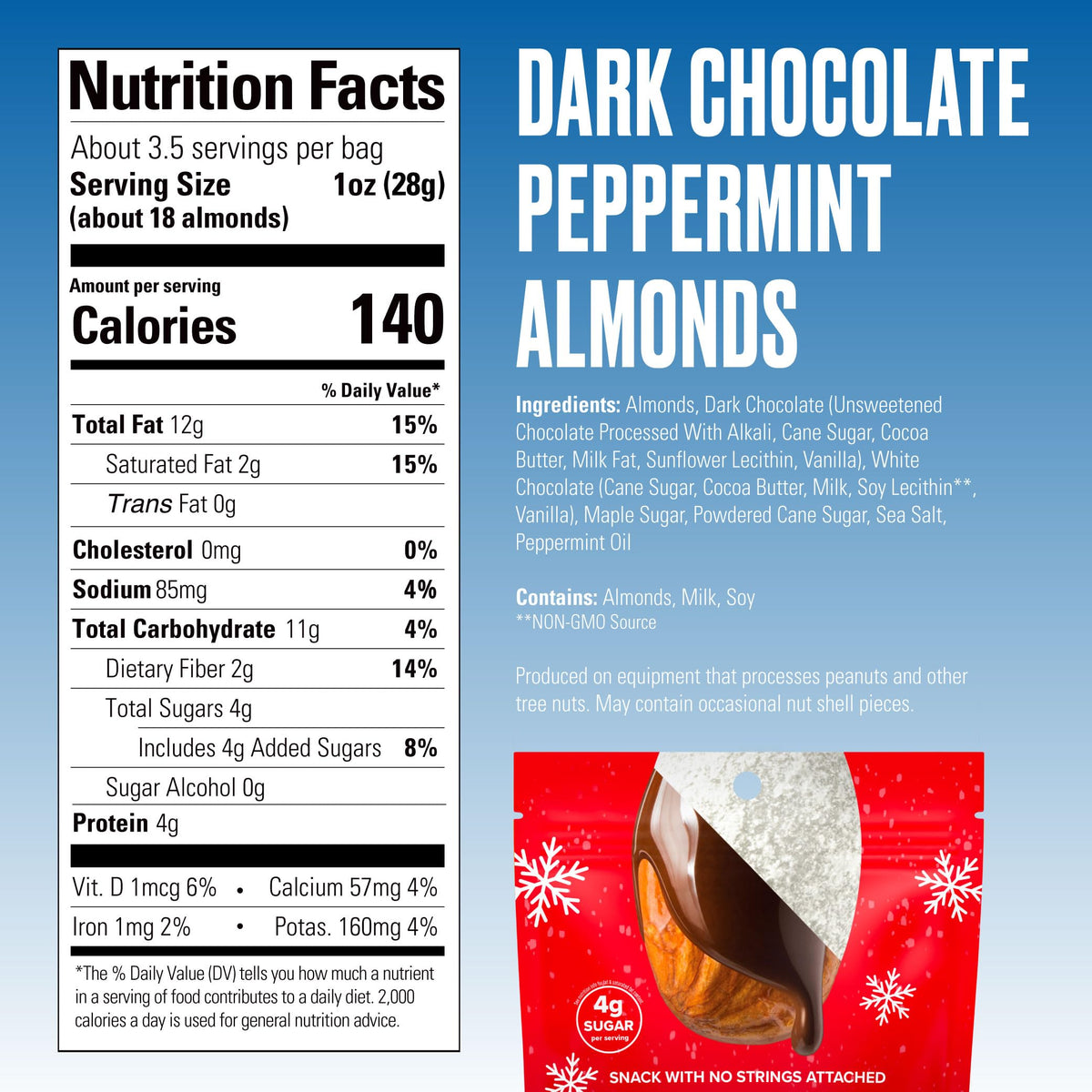 SkinnyDipped almonds ingredients close-up highlights non-GMO and gluten-free ingredients.
