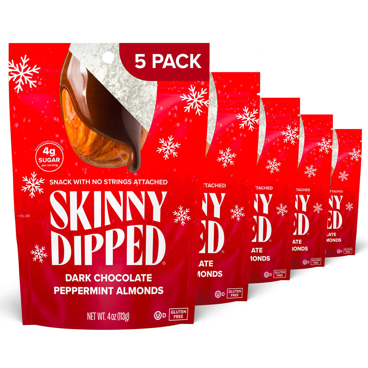 SkinnyDipped Dark Chocolate Peppermint Almonds packaging in a resealable bag for easy snacking.