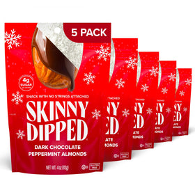 SkinnyDipped Dark Chocolate Peppermint Almonds packaging in a resealable bag for easy snacking.
