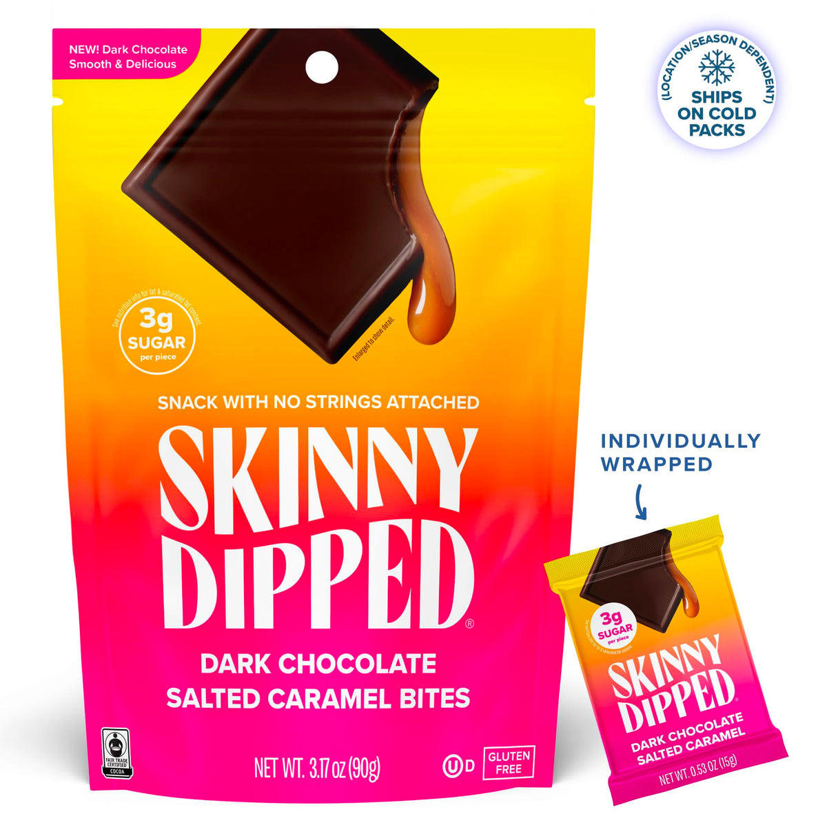 SkinnyDipped chocolate coating visible for premium texture and flavor.