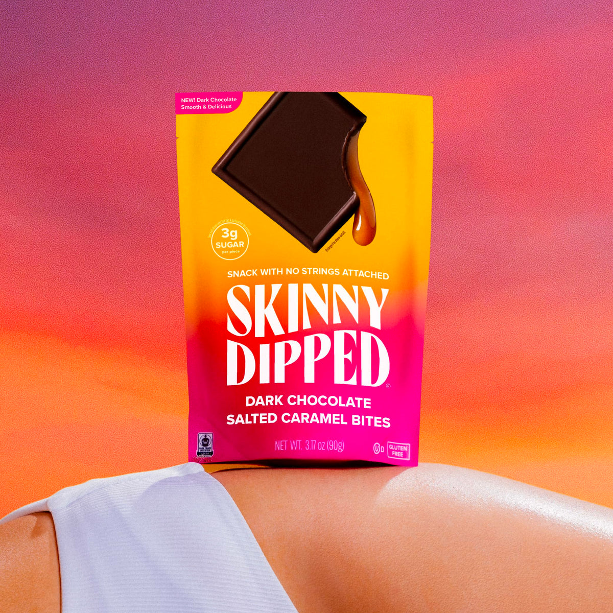 SkinnyDipped bites gluten-free badge on packaging.