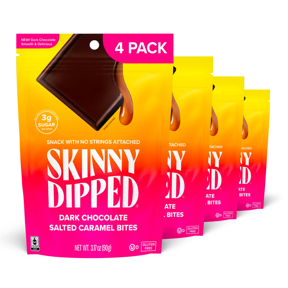 SkinnyDipped Dark Chocolate Salted Caramel Bites packaging for convenient on-the-go snacking.