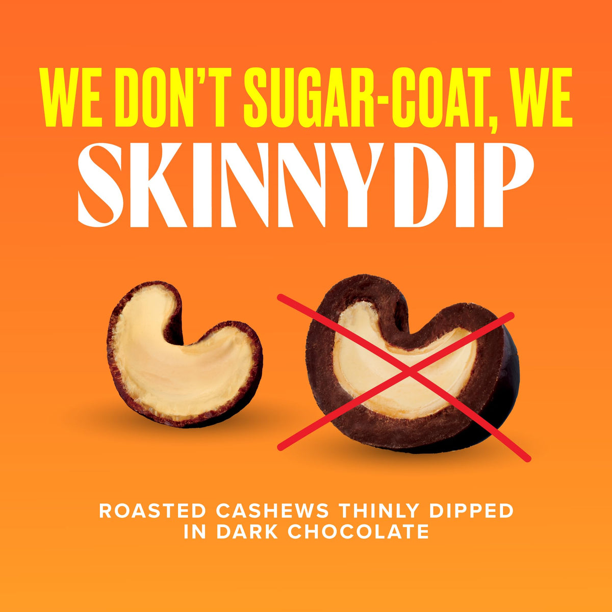 SkinnyDipped dark chocolate salted caramel cashews with glossy coating, ideal indulgence.
