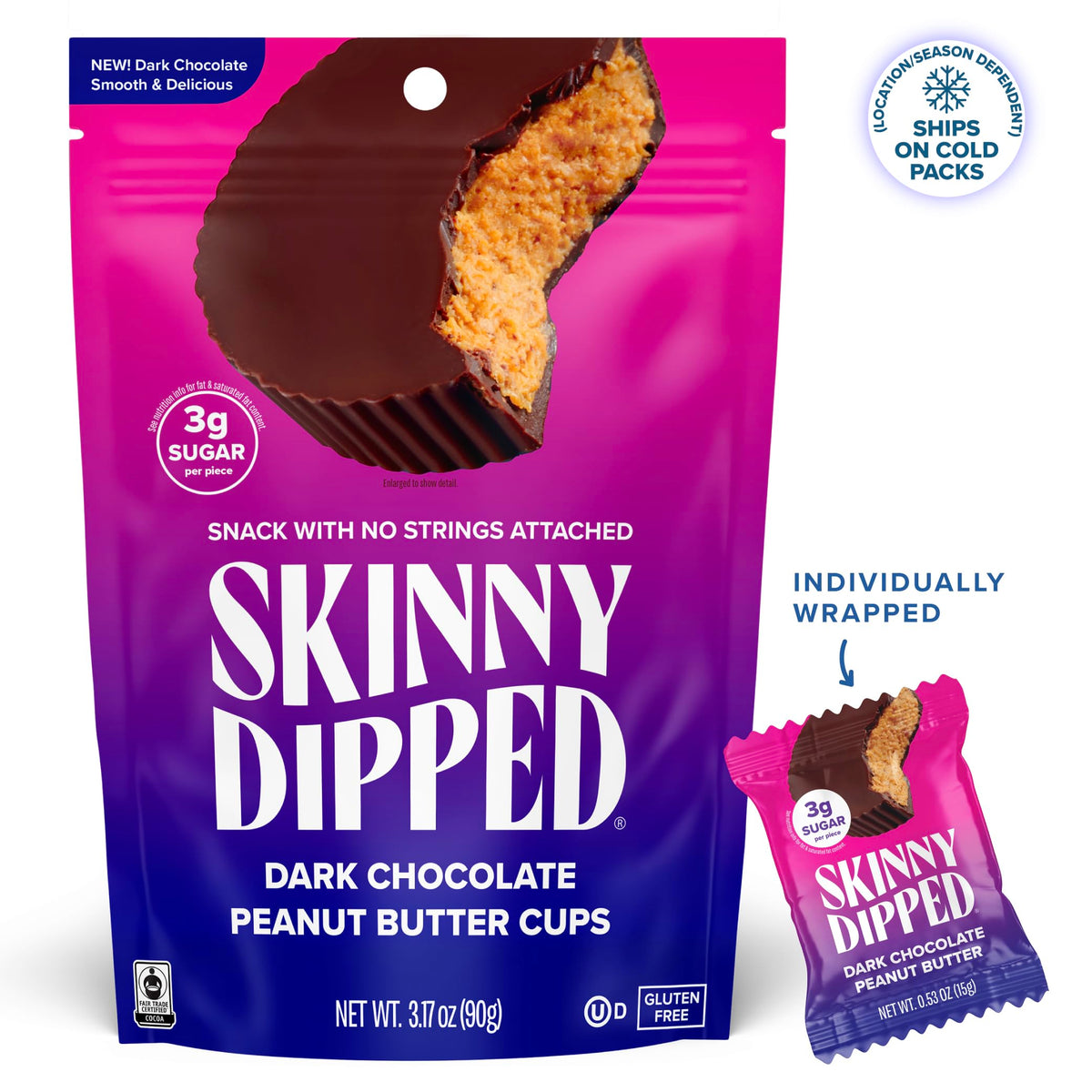SkinnyDipped dark chocolate shell close-up with glossy finish.