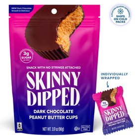 SkinnyDipped dark chocolate shell close-up with glossy finish.