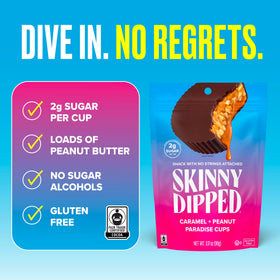 Single cup showing a thin dark chocolate shell over caramel and peanut butter.