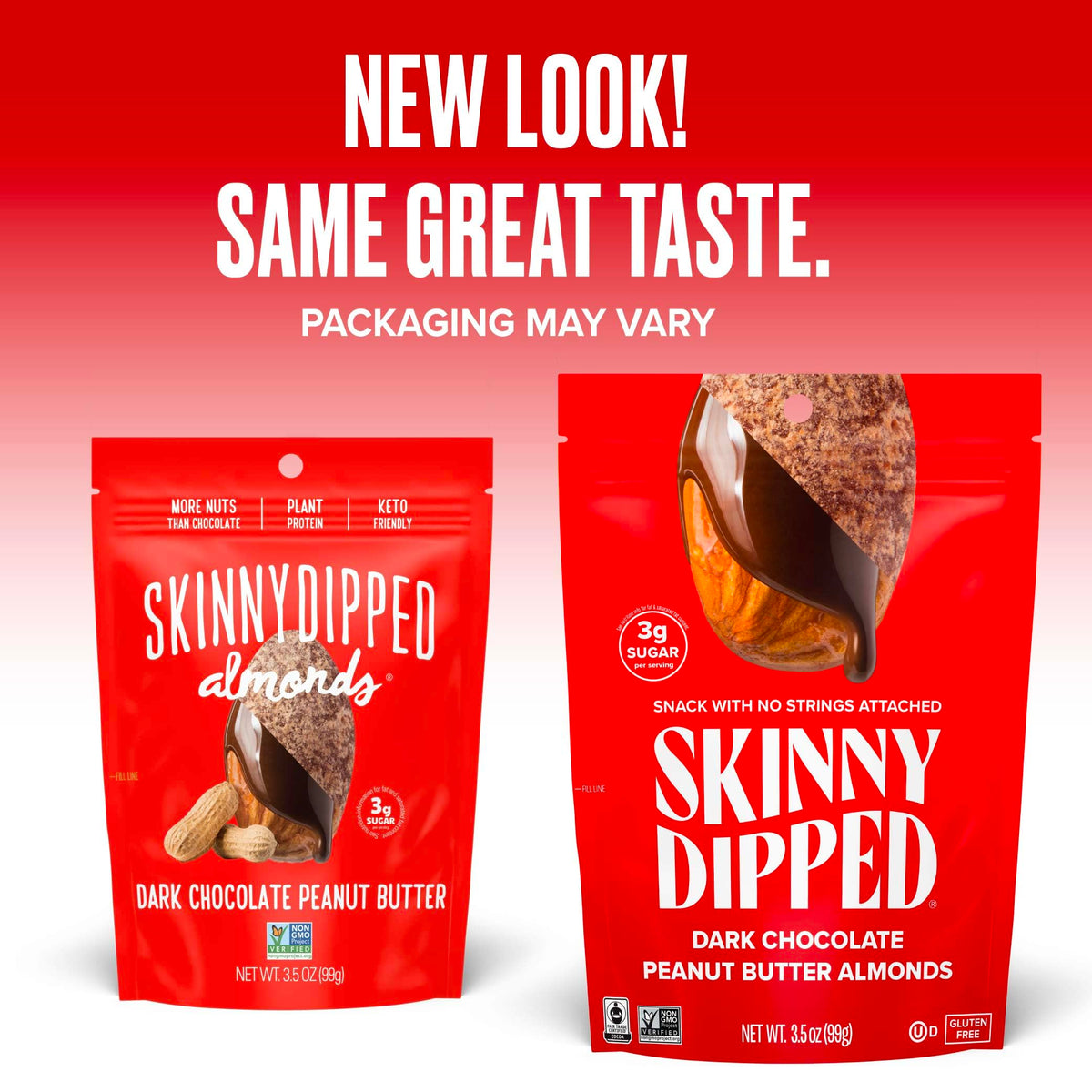 SkinnyDipped gluten-free label clearly displayed on the package.