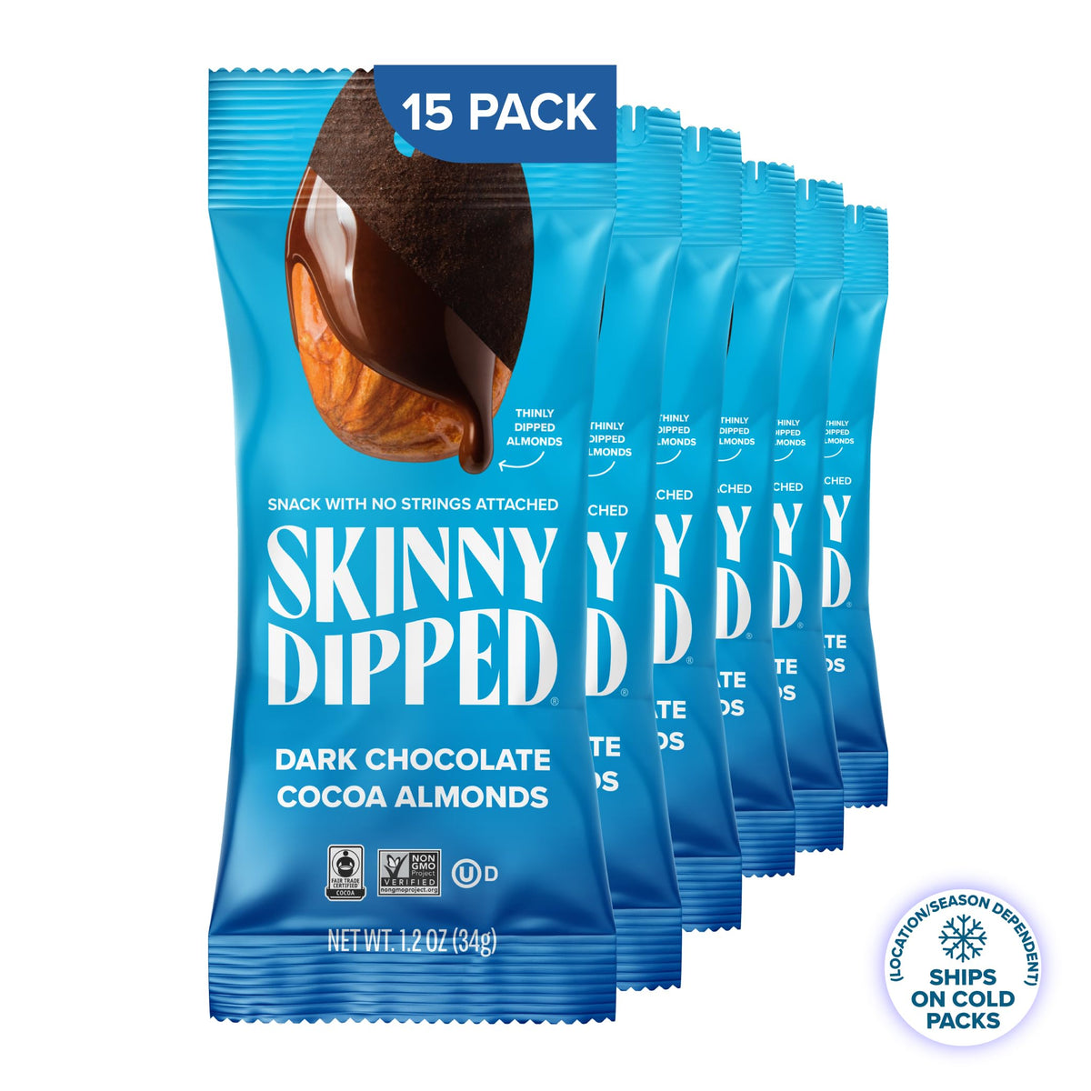 SkinnyDipped individually wrapped bags for mess-free snacking.