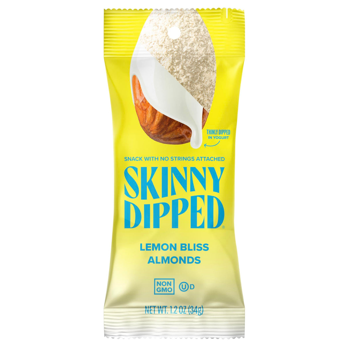 SkinnyDipped Lemon Bliss almonds in a bag, ideal on-the-go snack