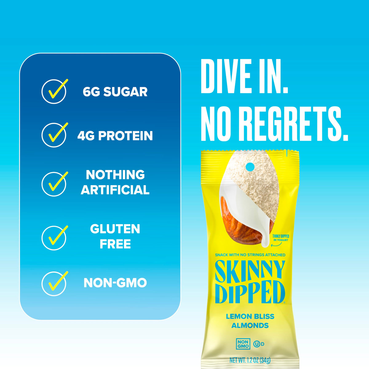 Close-up of SkinnyDipped Lemon Bliss almonds with simple ingredients