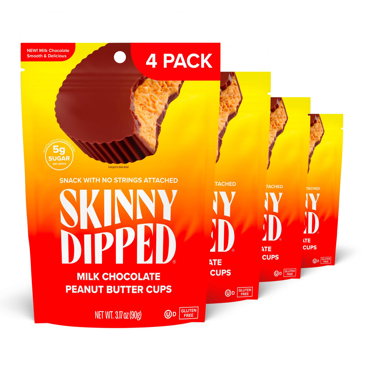 SKINNYDIPPED packaging displaying a four-pack for convenient on-the-go snacking.