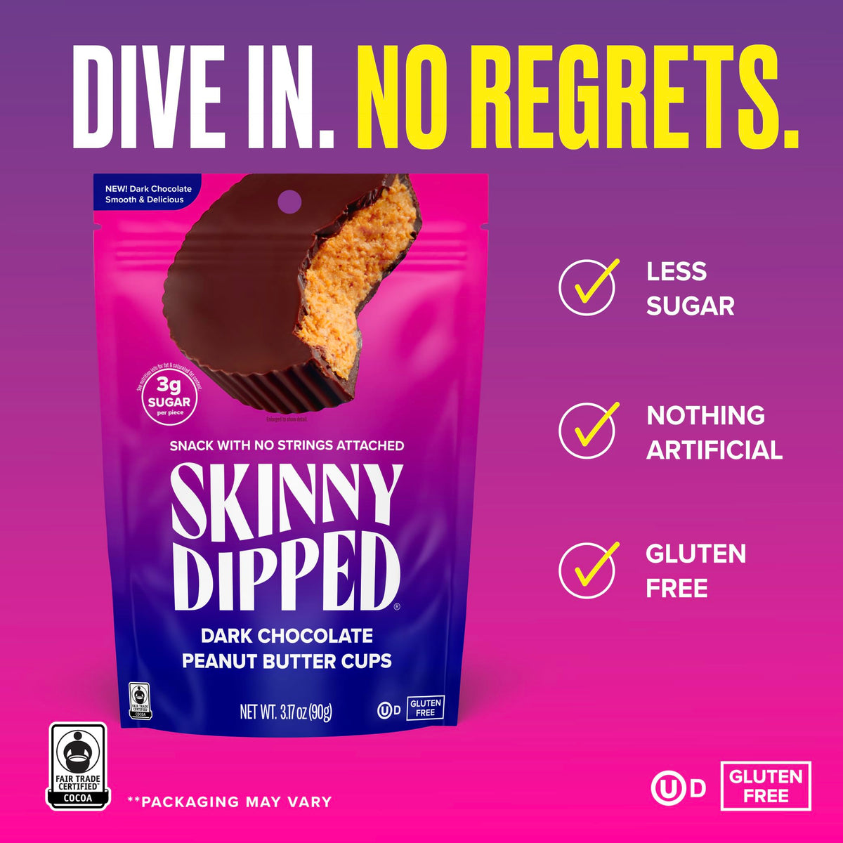 SkinnyDipped packaging and cups displayed for easy grab-and-go snacking.