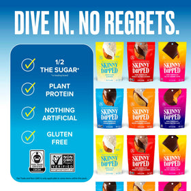 SkinnyDipped plant protein snack, featuring roasted almonds and peanut butter flavors.