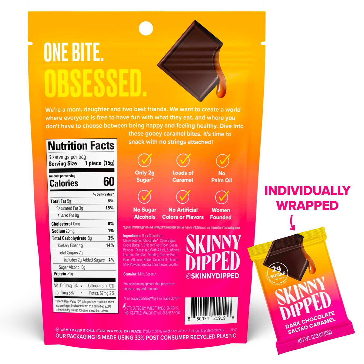 SkinnyDipped salted caramel bites, gooey caramel inside a dark chocolate shell.