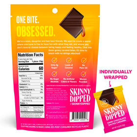 SkinnyDipped salted caramel bites, gooey caramel inside a dark chocolate shell.