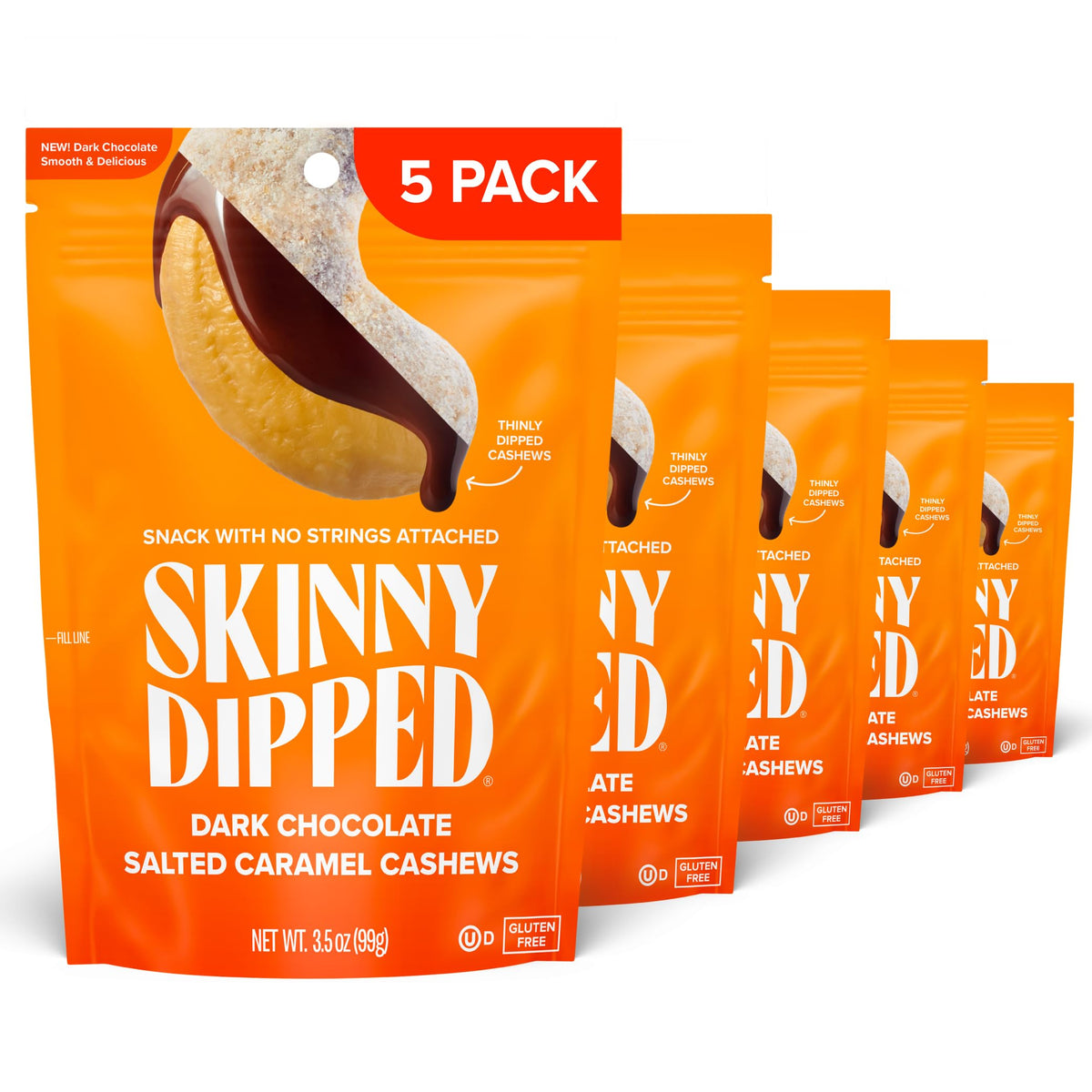 SkinnyDipped salted caramel cashews pack5 for quick keto-friendly indulgence.
