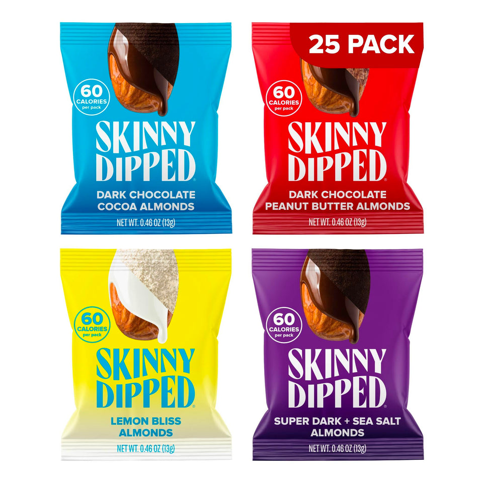 SkinnyDipped Minis almonds with dark chocolate coating for a protein-forward snack