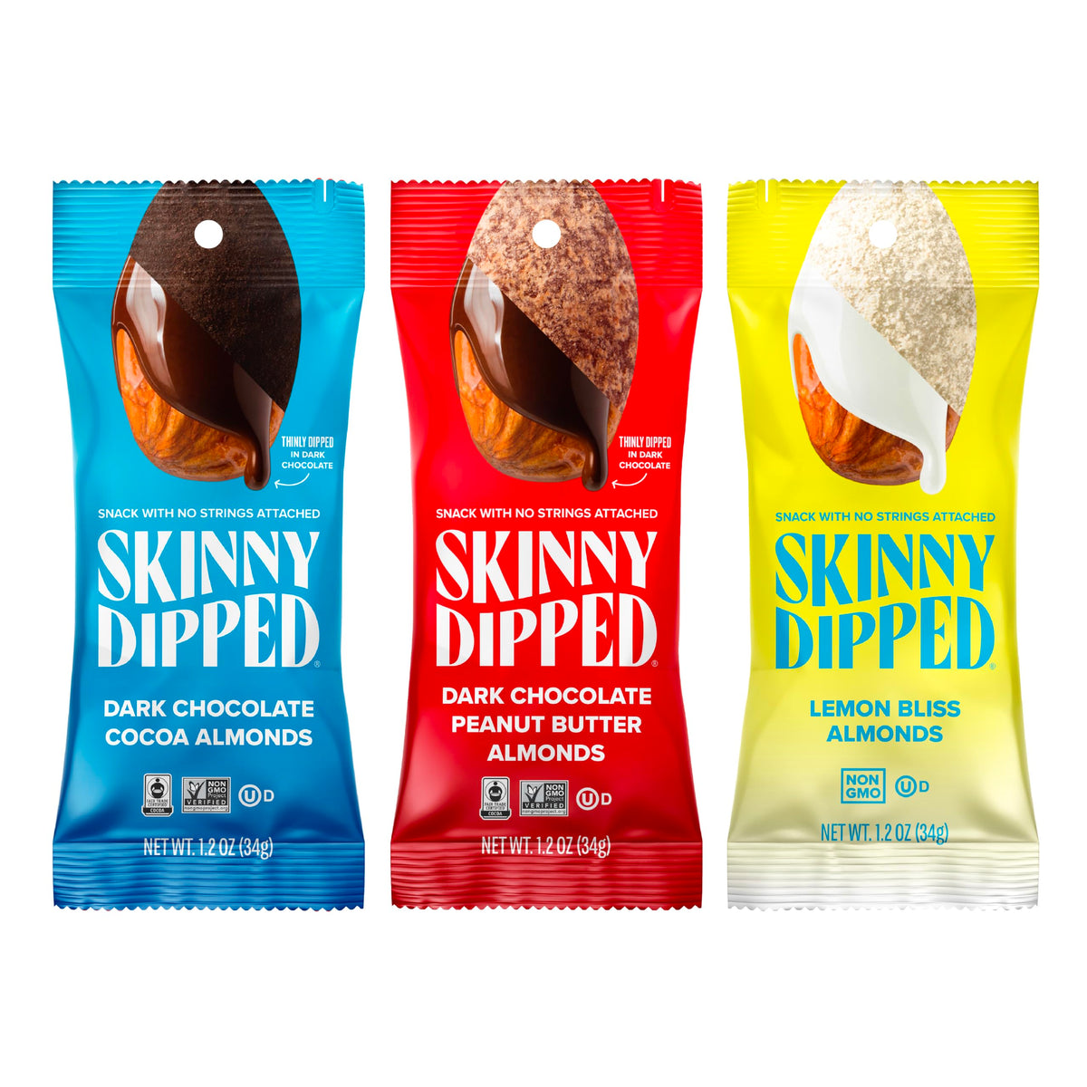 SKINNYDIPPED Snack Attack variety pack displayed for on-the-go snacking