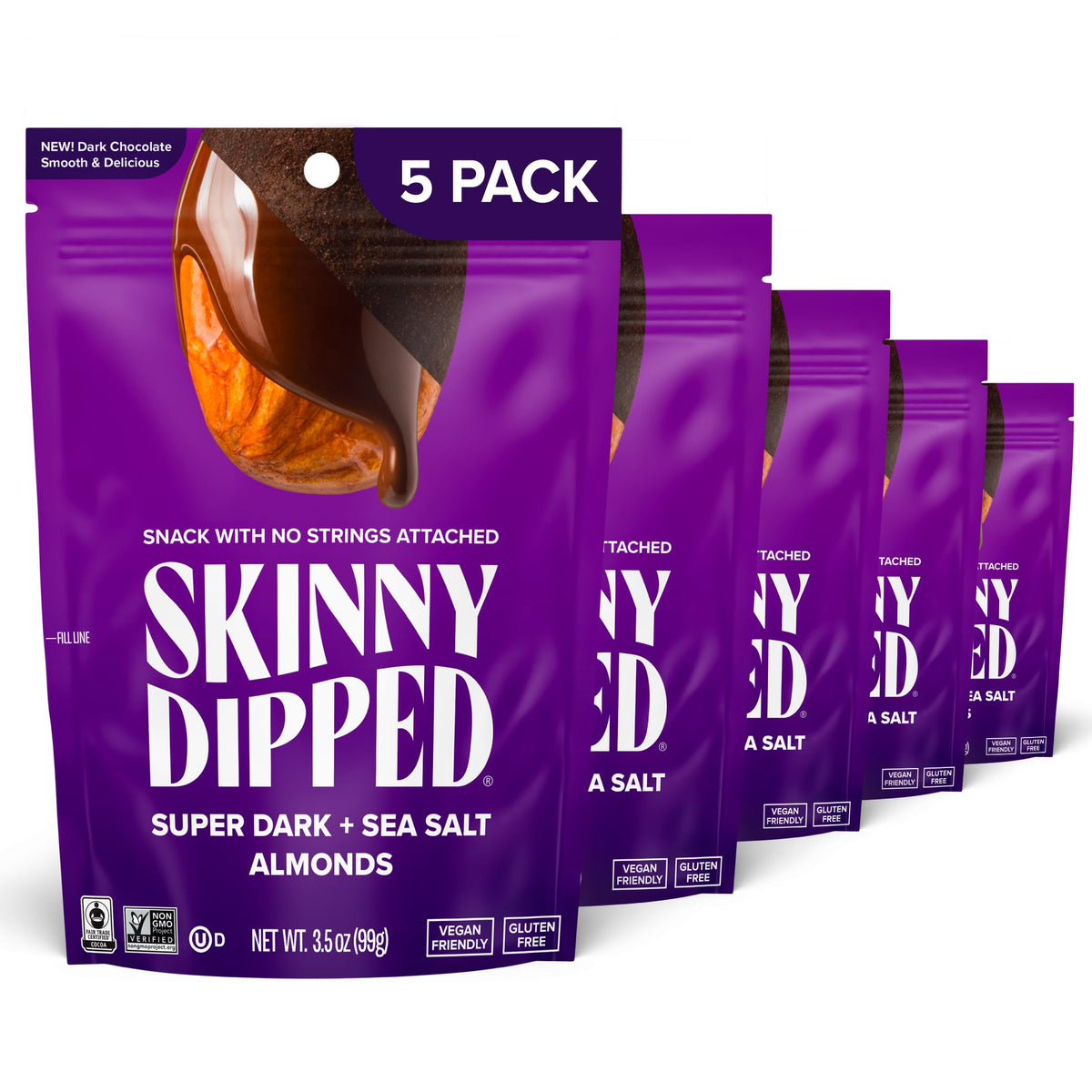 SkinnyDipped super dark chocolate sea salt almonds on resealable pack, a rich vegan snack.