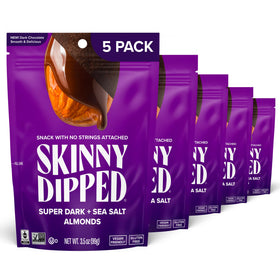 SkinnyDipped super dark chocolate sea salt almonds on resealable pack, a rich vegan snack.