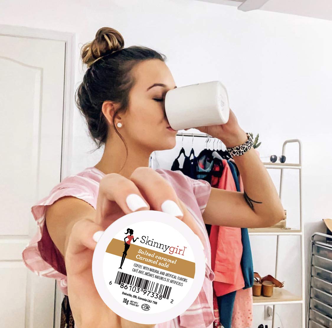 Skinnygirl flavored coffee pod packaging highlighting recyclable pods