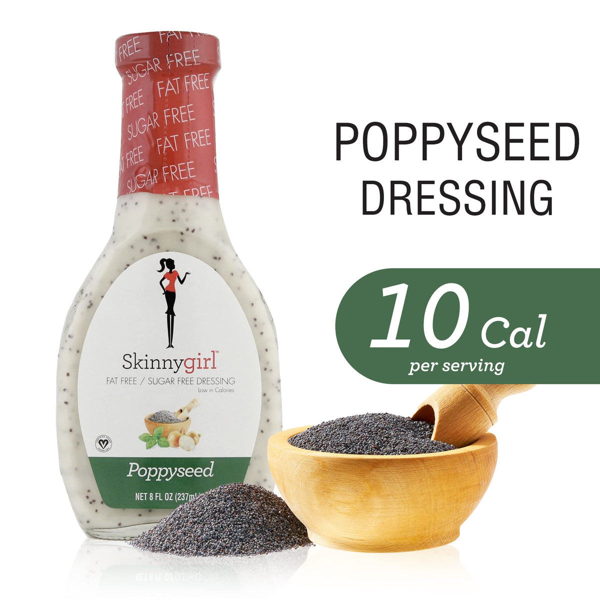 Skinnygirl Poppyseed dressing back label shows sugar-free fat-free nutrition.