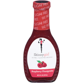 Skinnygirl Raspberry Vinaigrette bottle front with label showing sugar-free credentials.