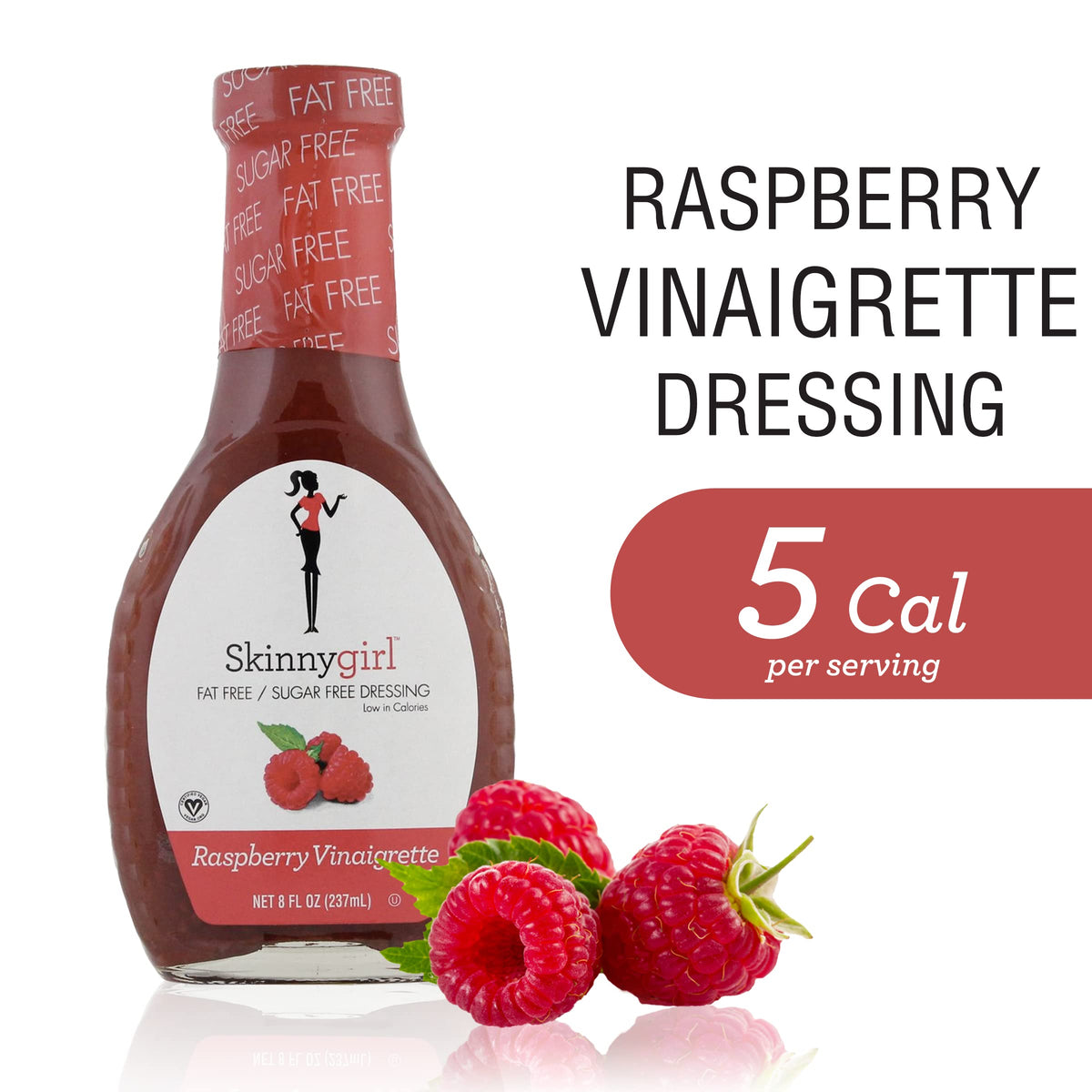 Close-up of Skinnygirl Raspberry Vinaigrette label highlighting gluten-free and vegan attributes.