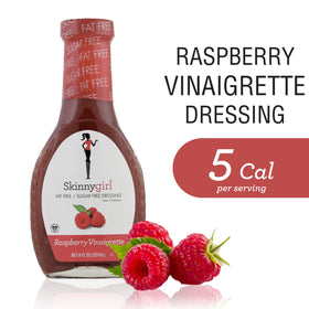 Close-up of Skinnygirl Raspberry Vinaigrette label highlighting gluten-free and vegan attributes.