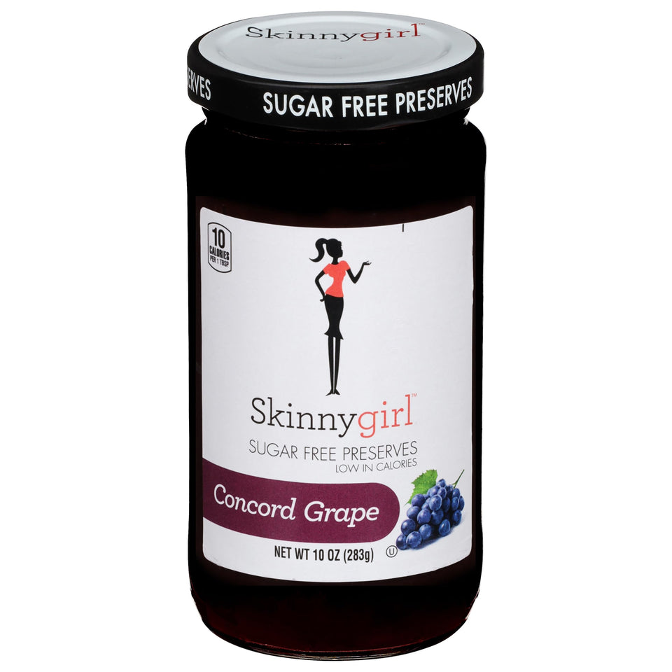 Skinnygirl sugar-free Concord grape preserves six-pack jars front view, zero sugar per serving.