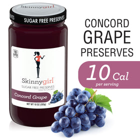 Skinnygirl Concord grape preserves six-pack jars side view for easy pantry storage.