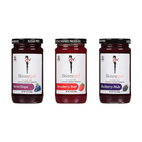 Skinnygirl sugar-free preserves strawberry jar on counter, low-calorie breakfast option.