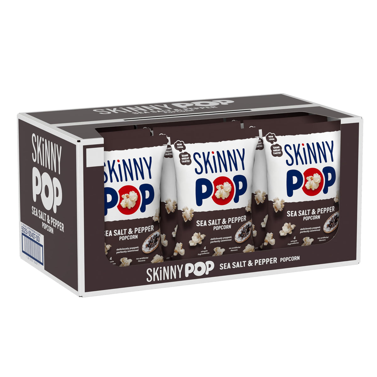 SkinnyPop Sea Salt & Pepper bag front; quick, flavorful snacking.