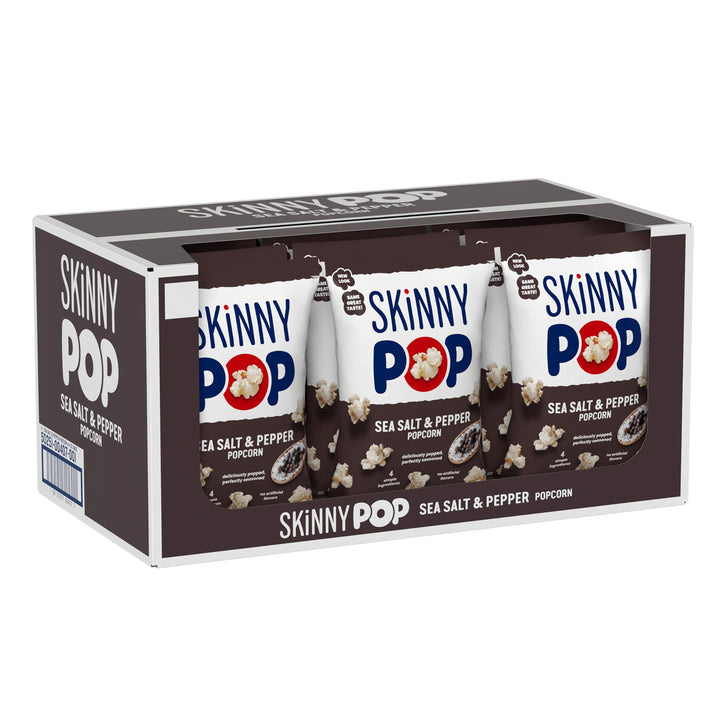 SkinnyPop Sea Salt & Pepper bag front; quick, flavorful snacking.