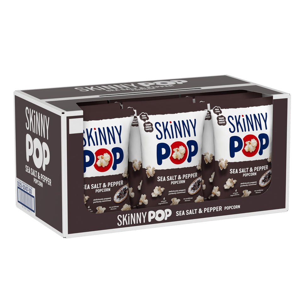 SkinnyPop Sea Salt & Pepper bag front; quick, flavorful snacking.