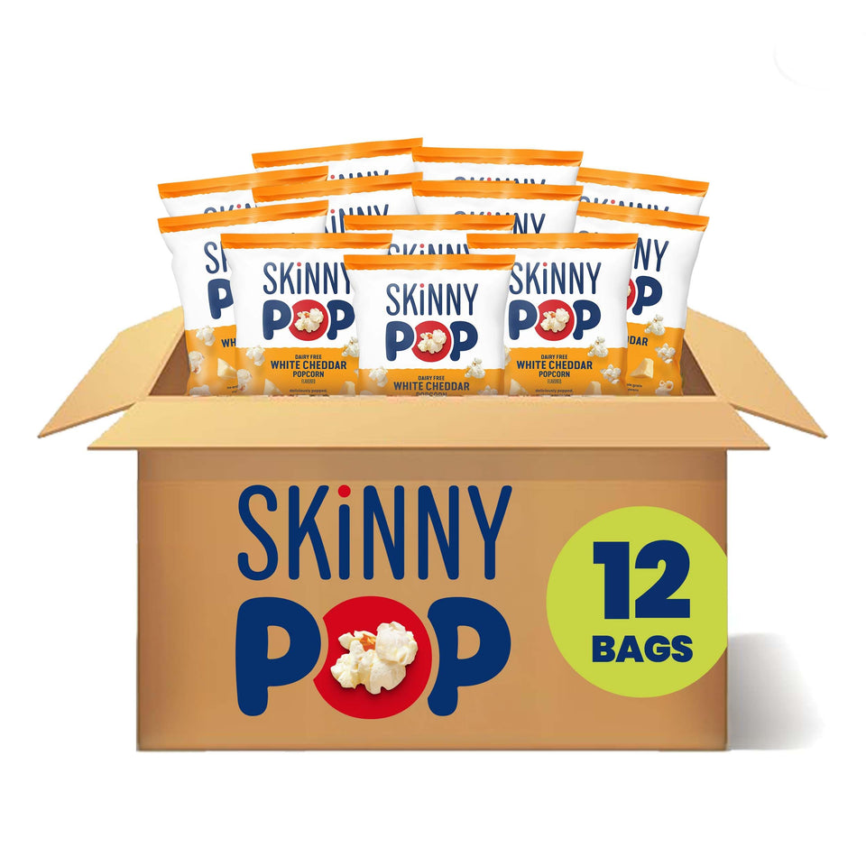 SkinnyPop White Cheddar 12ct pack offers a light, dairy-free snack for busy lunches.