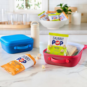 SkinnyPop White Cheddar popcorn bag with dairy-free cheese flavor for snack time