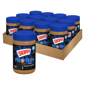 SKIPPY chunky peanut butter with plant protein in a 16oz jar, 10g protein per serving.