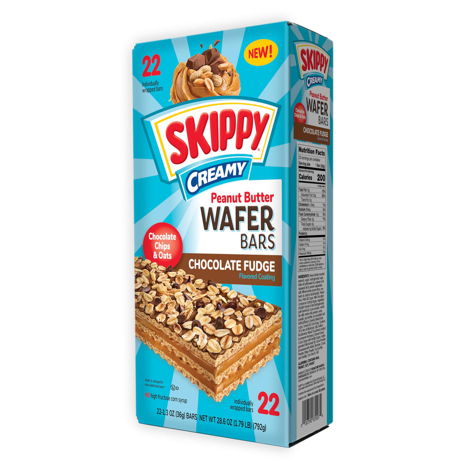 SKIPPY creamy peanut butter chocolate fudge wafer bars in packaging for convenient snacking