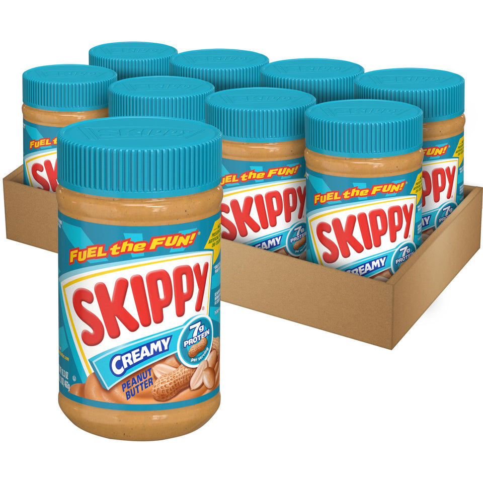 SKIPPY Creamy Peanut Butter jar in an eight-pack for family breakfasts