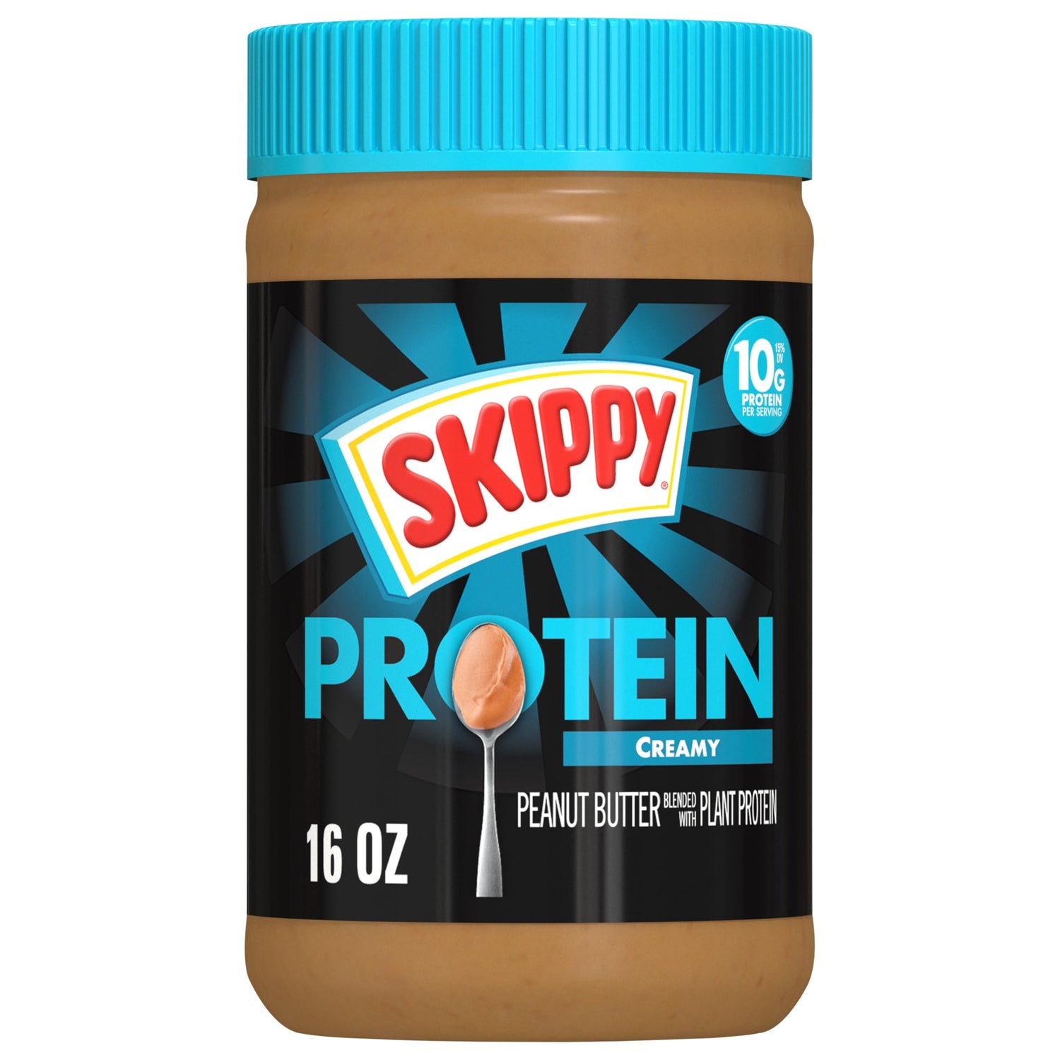 SKIPPY creamy peanut butter in a jar, smooth texture and plant protein boost.