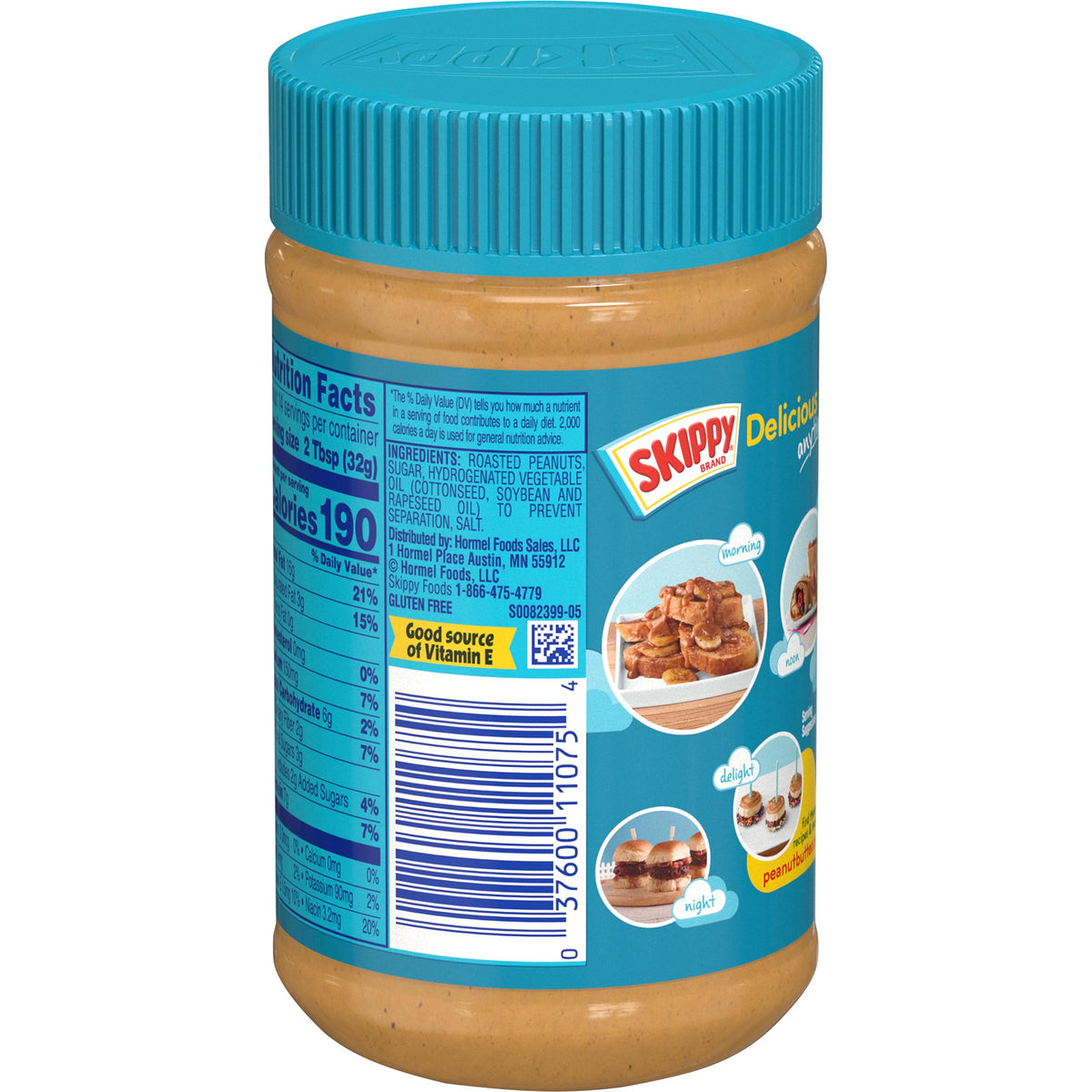 Close-up of SKIPPY Creamy Peanut Butter label highlighting kosher and gluten-free status